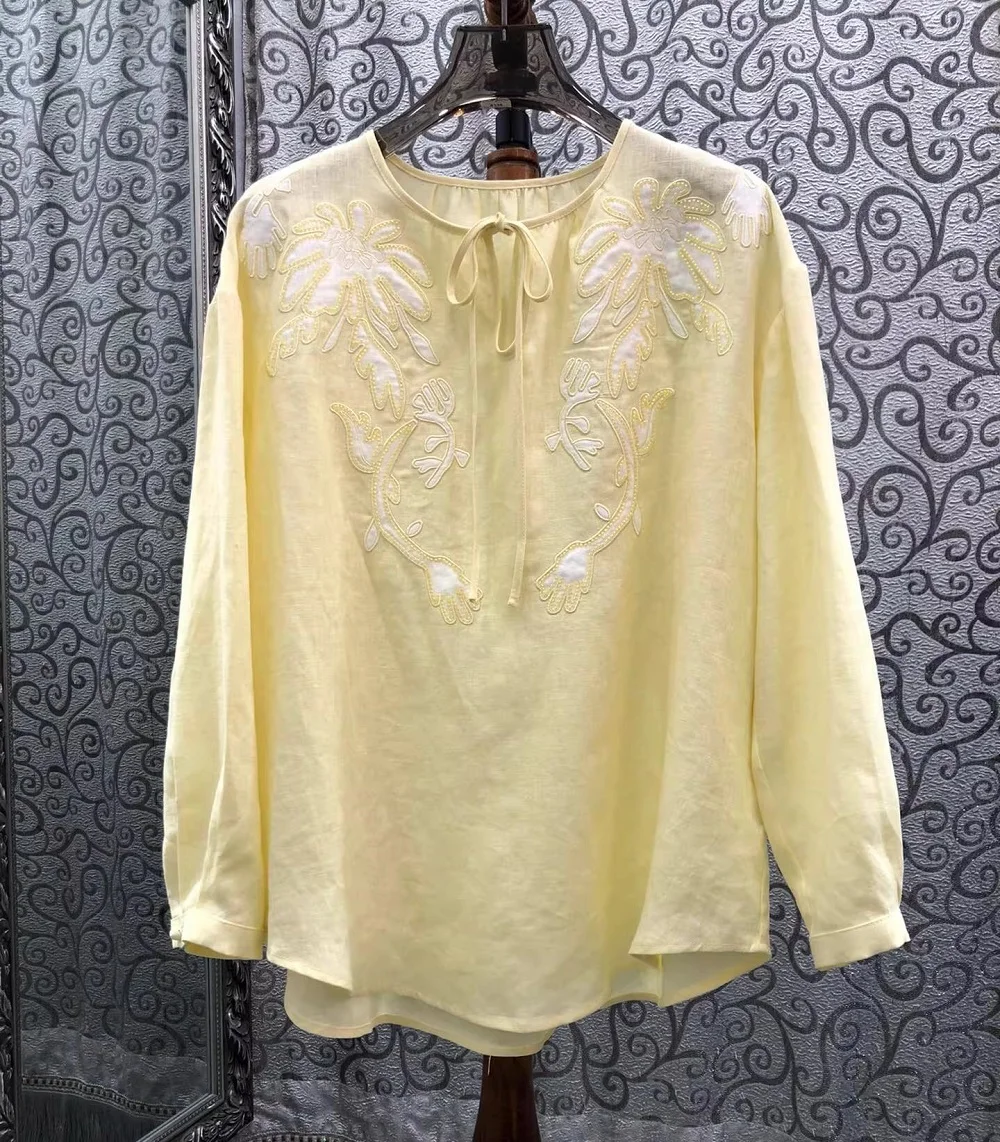100% Льняные топы 2026 Весна-Л – обзор и цена Embroidery Yellow