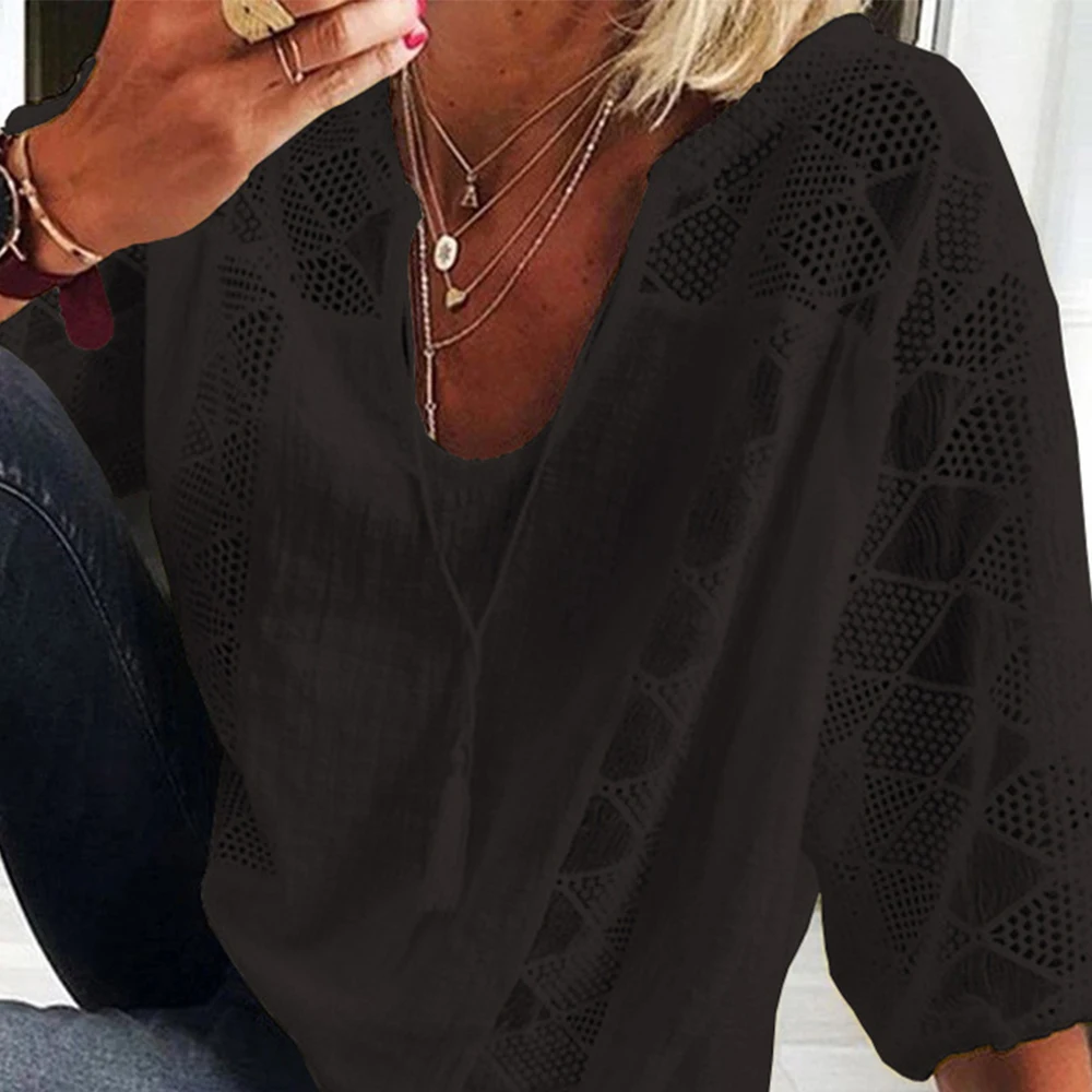 Women Fashion Lace U-neck Blouse Three Quarter Sleeve Summer Cotton And Linen Patchwork T-Shirt Casual Solid Color Ladies Tops