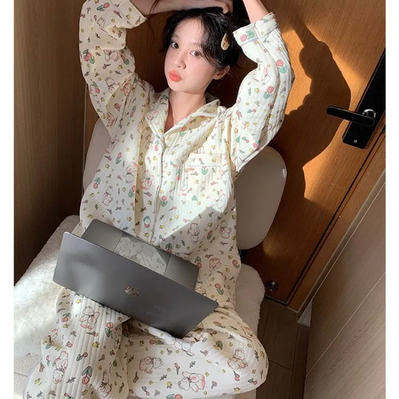 

Одежда для сна с принтом Rubbit, женские пижамные комплекты, корейские пижамные комплекты с карманами для женщин, комплект из 2 предметов, осенняя ночная одежда, домашний костюм на пуговицах