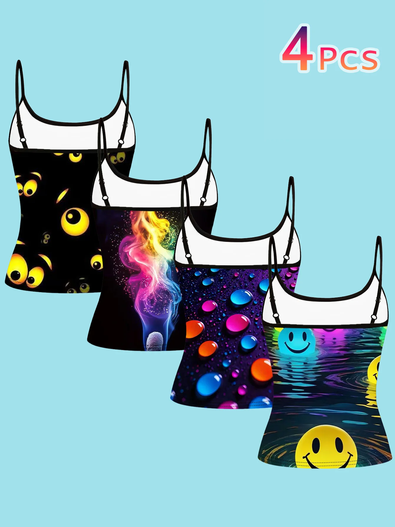 4-Piece Set of Women's Spaghetti Strap Camisoles with Black Base, Cartoon Eyes, Rainbow Smoke, Water Droplets, Smiley Face, Creative Trendy Prints, Slim Fit Sleeveless Tops
