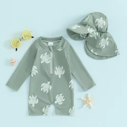 Tregren Toddler Boys Rash Guard Swimsuit Long Sleeve Turtle/Dinosaur Print Infant Bathing Suit Swimwear with Swim Caps Beachwear