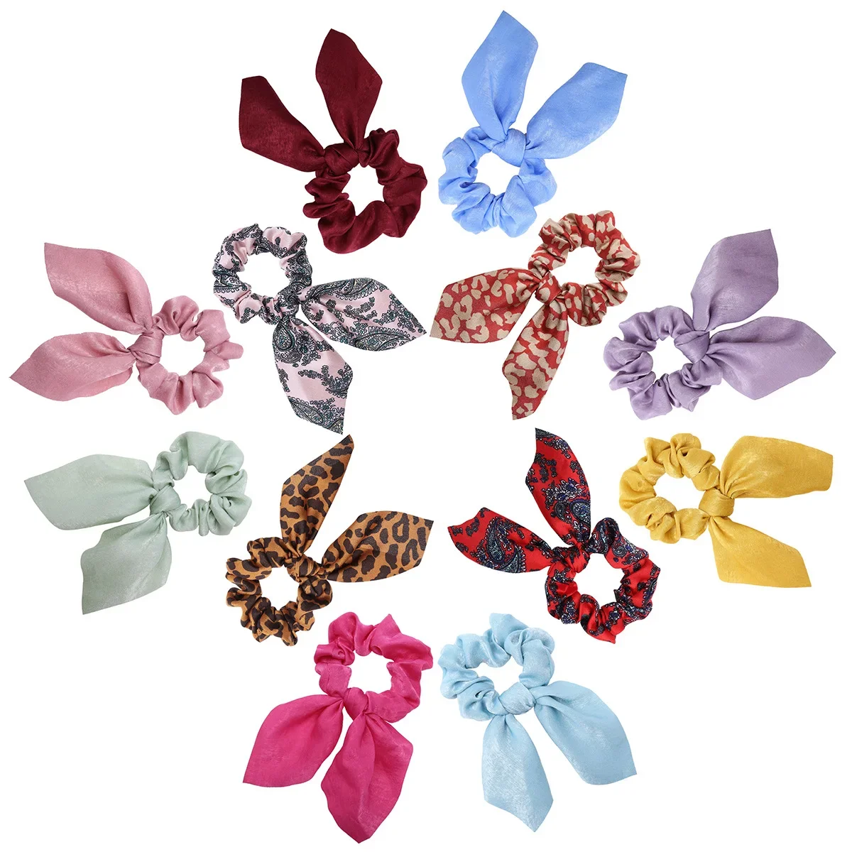 Women Silk Scrunchies Elastic Hair Ties Rabbit Ears Floral Leopard Print Hair Band Ponytail Hair Ropes Girls Accessories