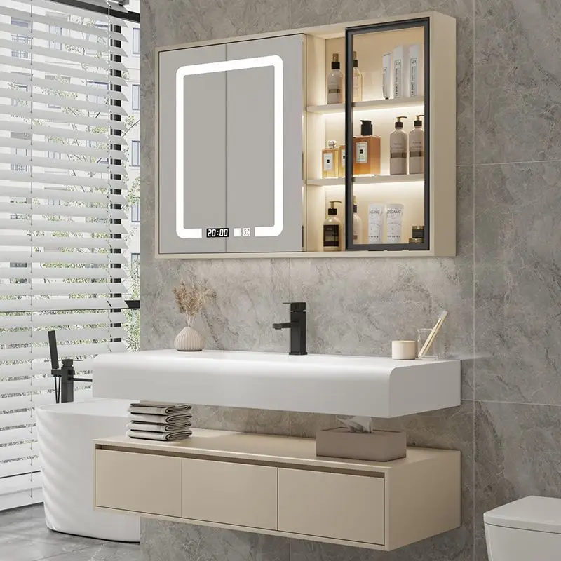 Double Tiered Bathroom Cabinet Washbasin Bathroom Vanity Cabinet Set Durable Easy To Clean Ceramic Integrated Basin