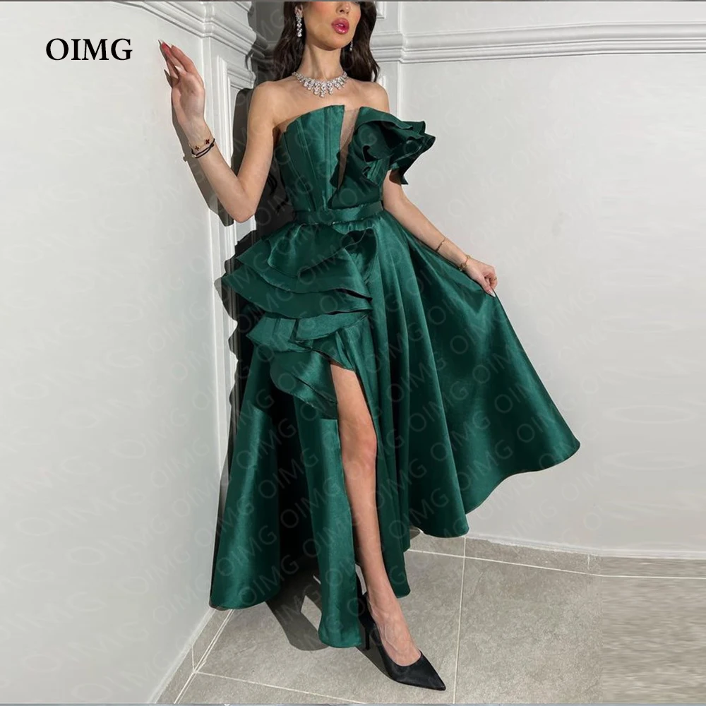 

OIMG Green A Line Satin Tiered Formal Evening Dresses Sleeveless Strapless Side Slit Custom Prom Gowns Night Club Dress Vestidos