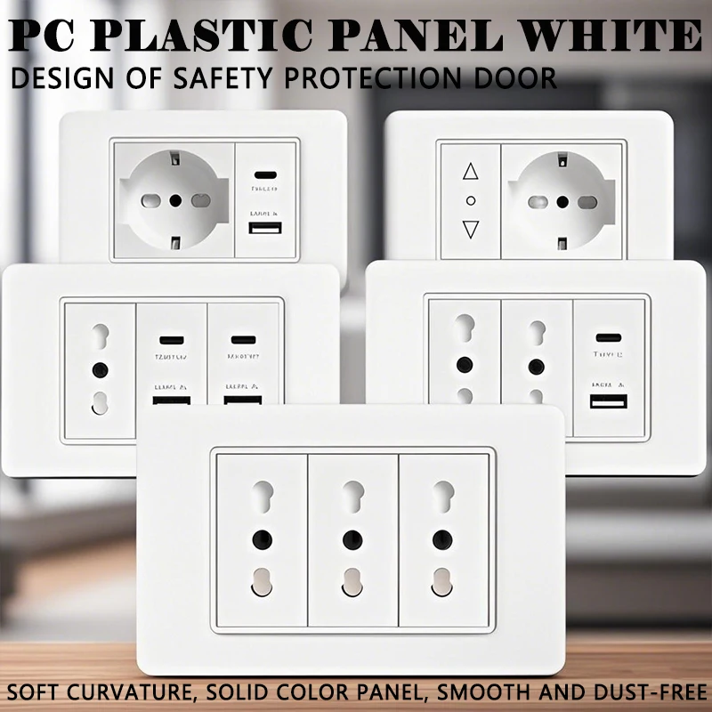 118 PC Plastic Panel Socket USB Type-C 20W Fast Charging Italy Chile Smart Wall Outlet Plug White Light Switch Home Office