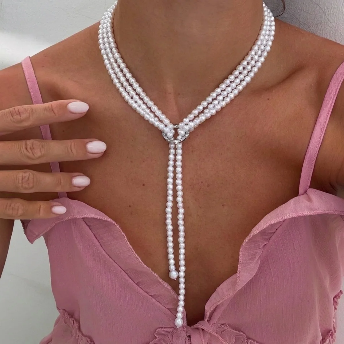 Elegante französische weiße lange Halskette mit kleinen künstlichen Perlen für Damen, Strass-Kreis, verschiedene Tragevarianten, Pulloverkette, Schmuck – Detail 21
