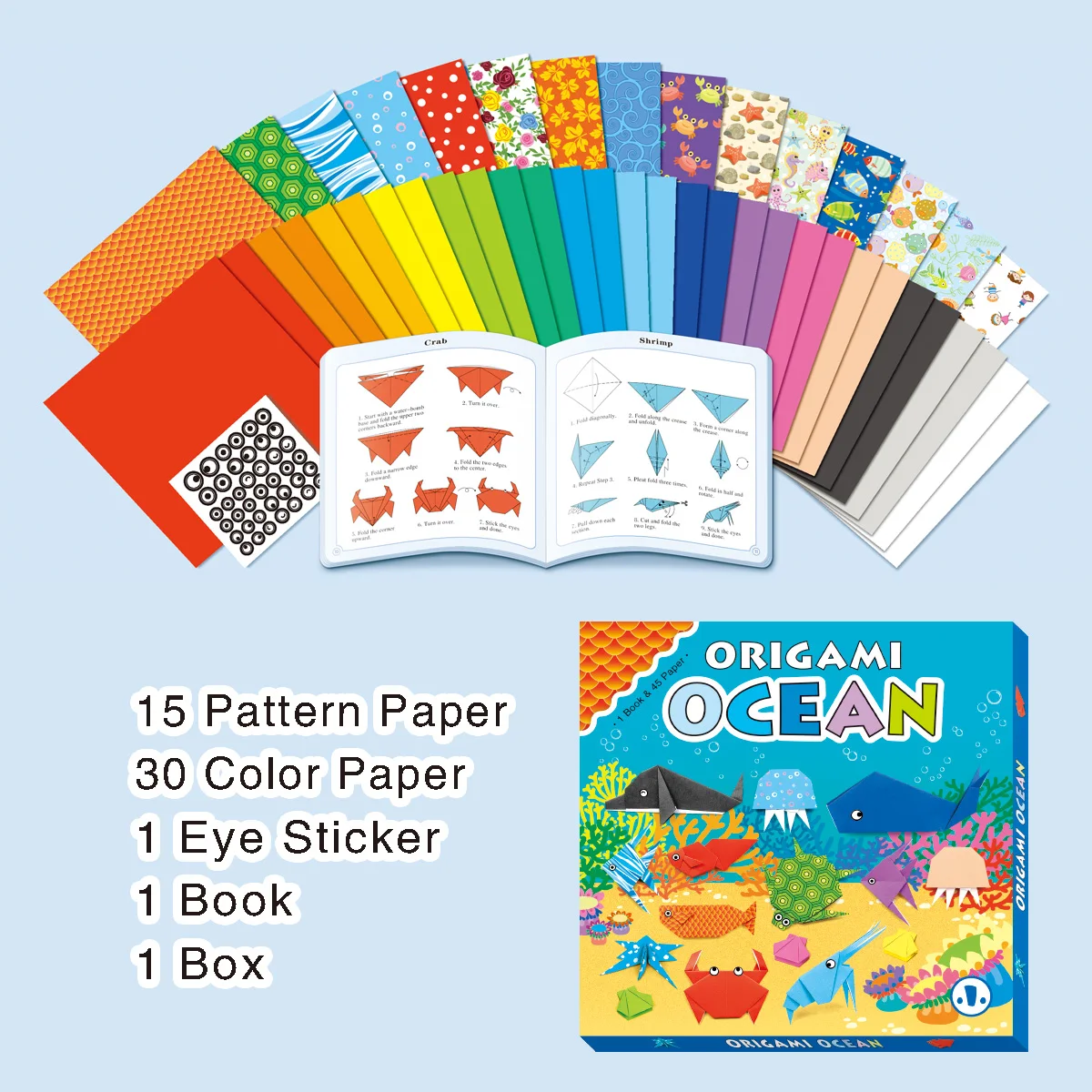 Ocean Theme Origami Craft Kit With Pattern & Solid Color Papers Instruction Book Make Marine Animal Crab Shark Dolphin DIY Gift