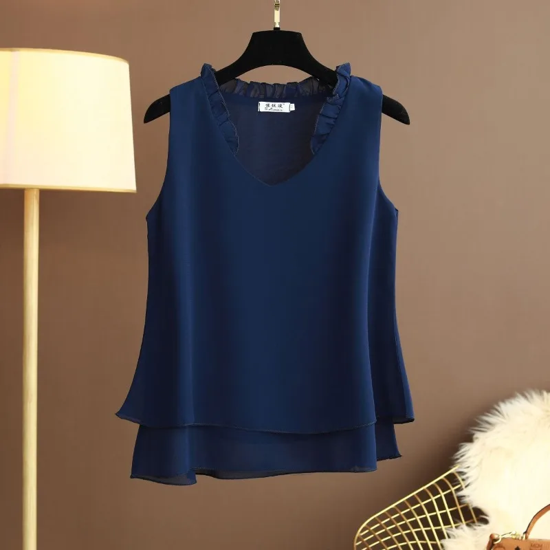 Plus Size Halter Chiffon Top Sleeveless Ruffle V-Neck Loose Flowy Summer Bohemian Beach Swim Cover Up Tunic Blouse 0XL/L 5XL view 2