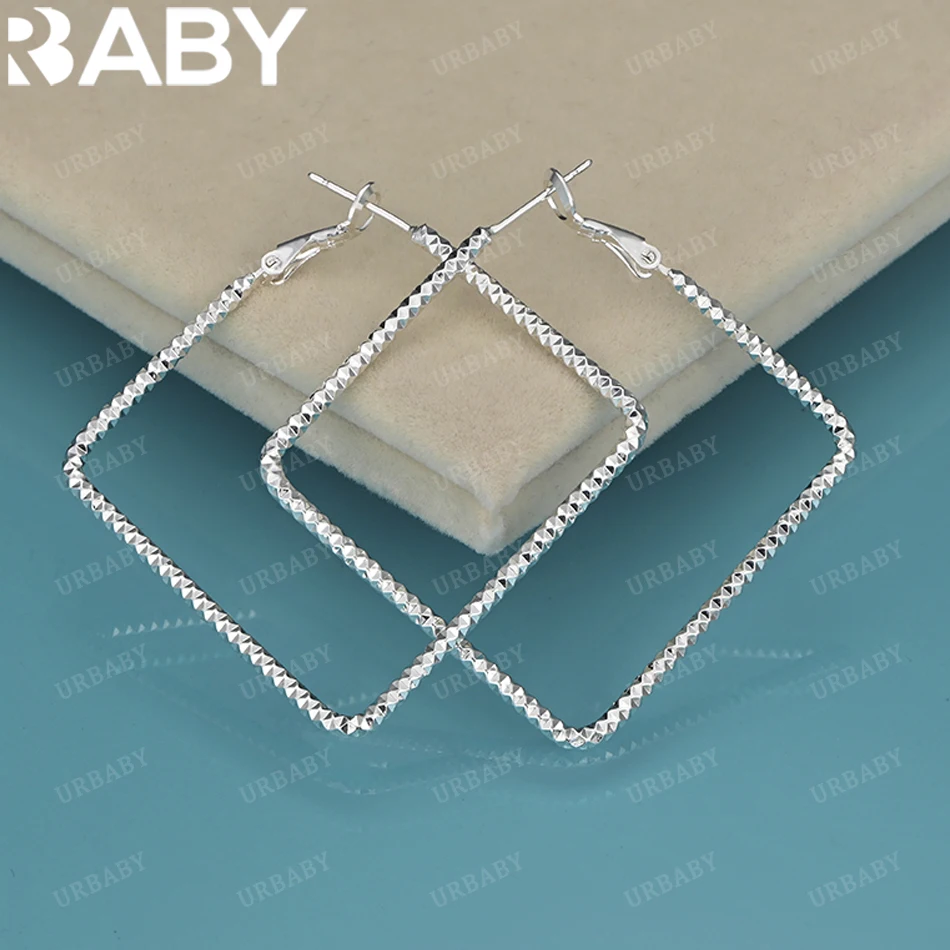 

URBABY 925 Sterling Silver Granule 50mm Big Square Hoop Earrings For Women Wedding Engagement Fashion Party Elegant Accessories