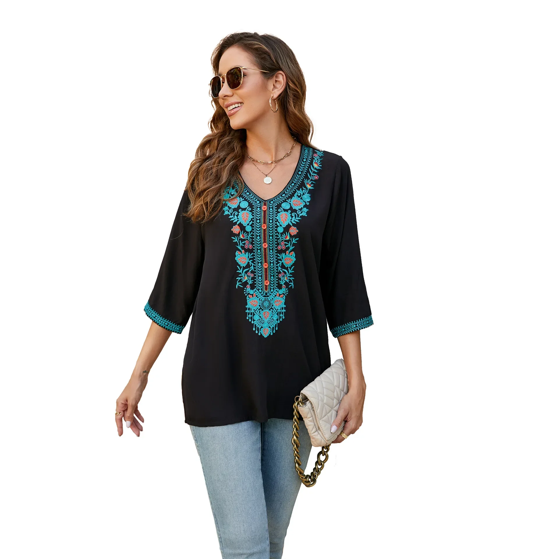 Summer Women's Embroidered Top Mexican Style Shirt 3/4 Sleeve Traditional Bohemian Clothing Womens Tops  Shirt  Blouse Women