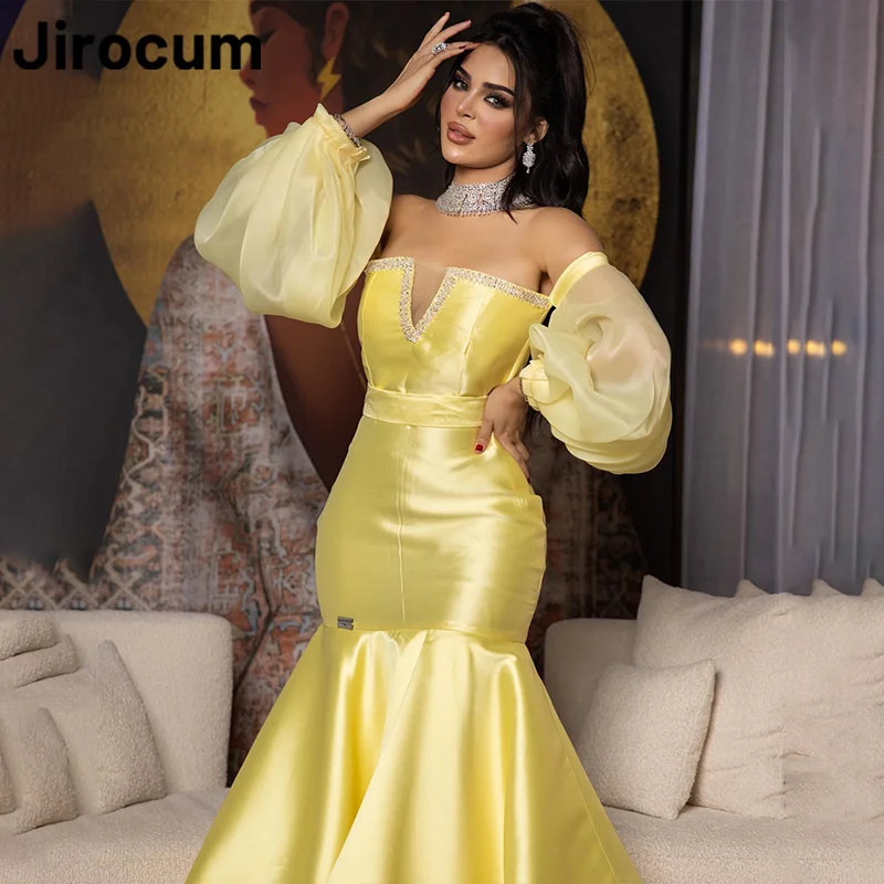 Jirocum V Neck Prom Dress Women's Long Sleeve Beaded Party Evening Gown Mermaid Ankle Length Saudi Tiered Formal Occasion Gowns