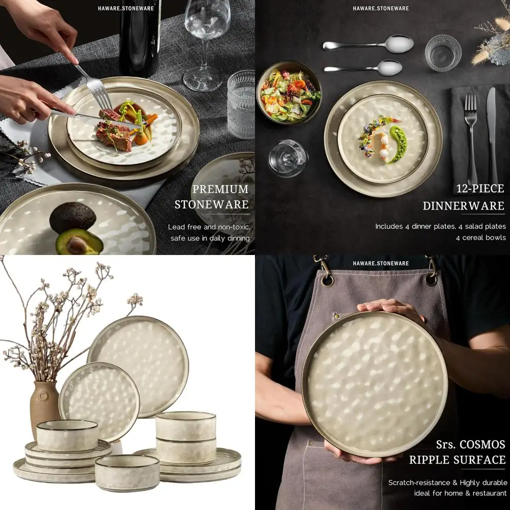 

Набор посуды из 12 предметов из керамогранита, керамический набор тарелок и мисок на 4 персоны, устойчивый к сколам и царапинам, безопасный для микроволновой печи и