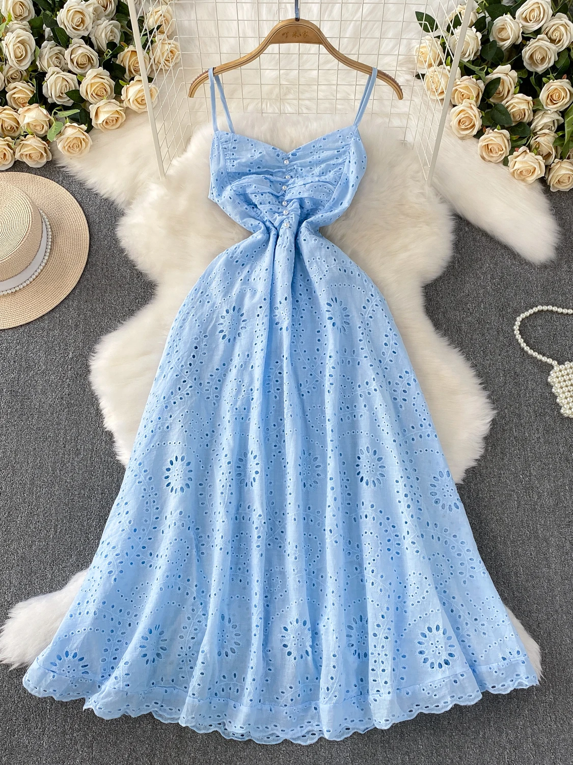 Abito elegante con bretelle con scollo a V rosa alla moda Abito estivo da donna con ricamo in pizzo cavo all'uncinetto sottile Abito lungo sottile Boho Party