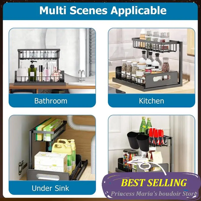 

AB30-Under Sink Kitchen Organizer With Cups And Hooks Pull Out Under Sink Organizers Under Sink Organizers With Sliding Drawer