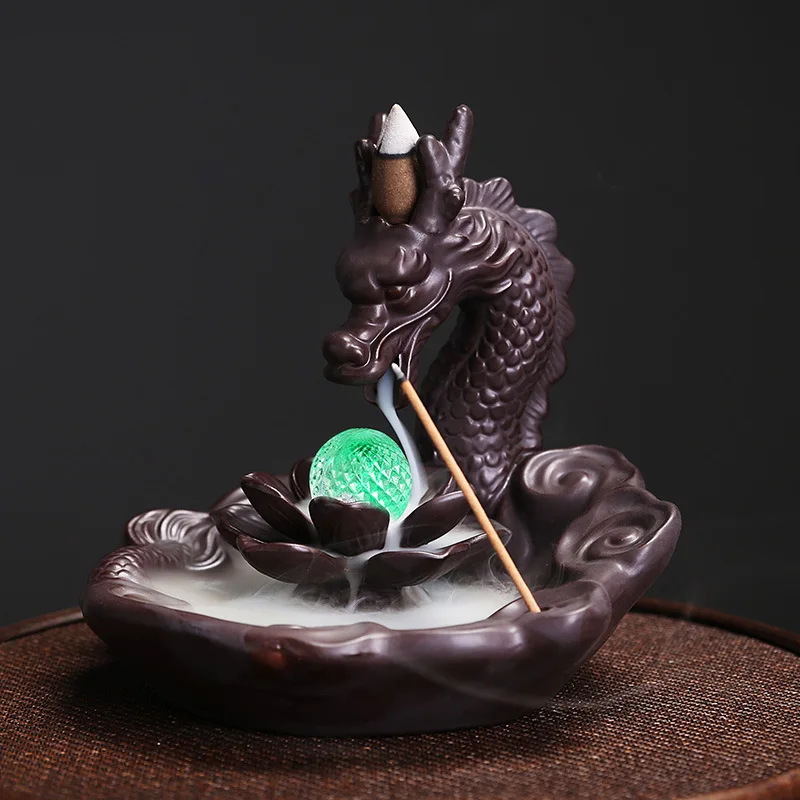 Ceramic dragon backflow aromatherapy stove home decoration accessories, Chinese dragon LED light backflow aromatherapy pedestal