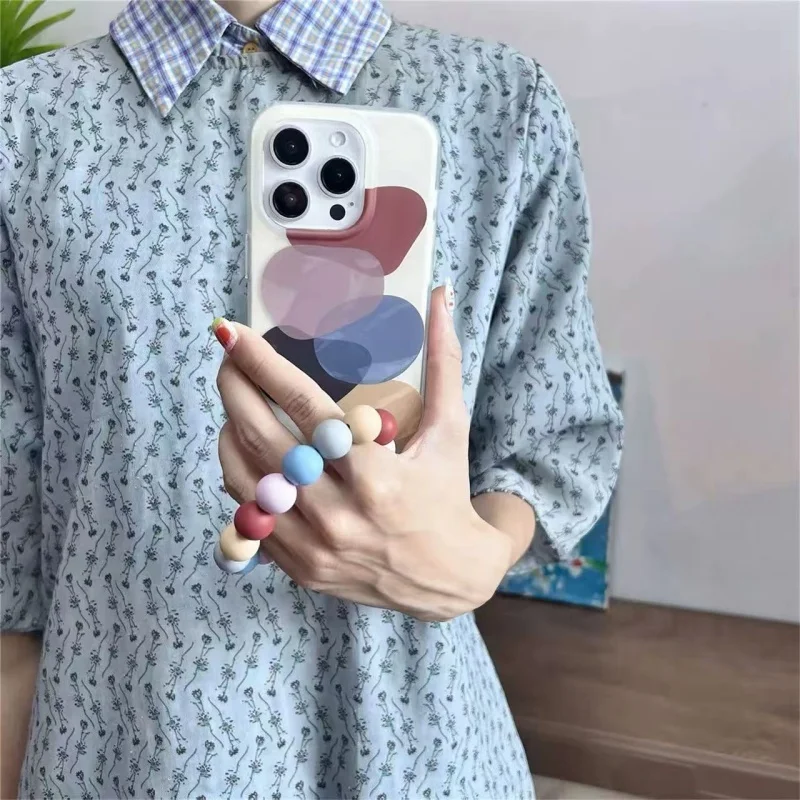 Retro Color Block Geometric Print Clear Phone Case Colorful Bead Wrist Strap Soft Shockproof Cover For Samsung S26