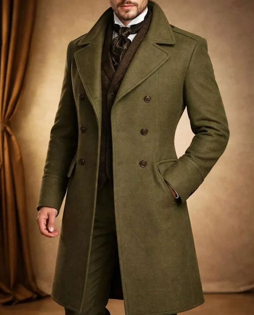 Olive Green Men's Wool Long Overcoat Double Breasted Vintage Formal Winter Coat Outerwear Jacket Suit Gentleman Customized