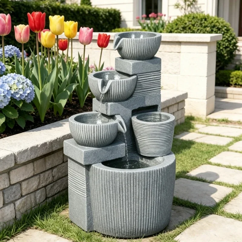 Fontaine de jardin à 4 niveaux aspect pierre naturelle, cascade d'eau solaire avec lumières LED chaudes intégrées, ornement en résine gris foncé résistant aux intempéries, hauteur totale 57 cm pour patio, pelouse, balcon et décoration intérieure