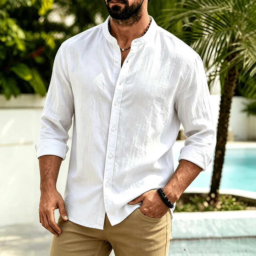 Men's Shirt Cotton Linen Lightweight Breathable Solid Color Henley Neck Fashion Simple Style Casual Long Sleeve Button Shirts