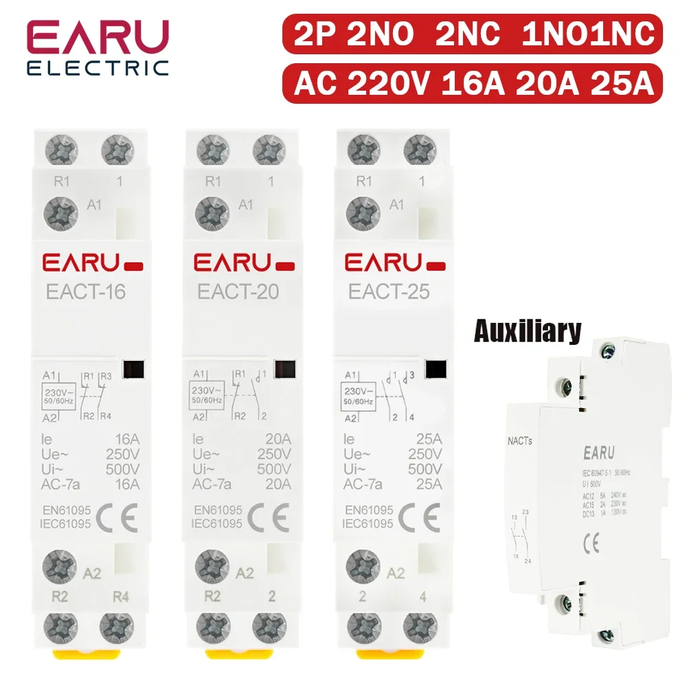 Modułowy stycznik AC do montażu na szynie DIN, 2P 16A 20A 25A 2NO 2NC 1NO 1NC AC220V AC230V 50/60Hz, do inteligentnego domu, domu, hotelu