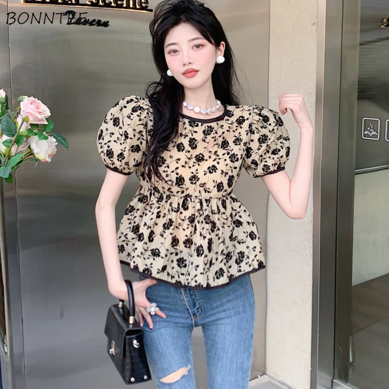 

Blouses Women Floral Elegant Design Fashion Puff Sleeve Bandage Retro Ulzzang Temperament Leisure All-match Blusas Mujer Summer