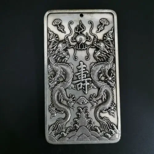 Old Chinese tibet silver handcarved Double Dragon Waist card Pendant