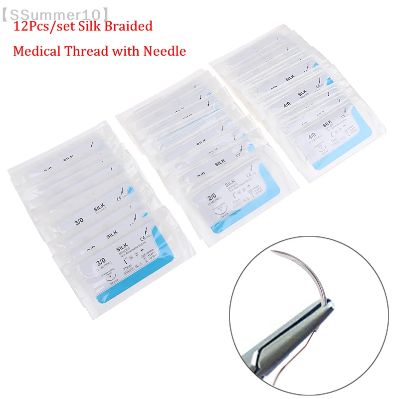 【SSummer10】【xxx】12PCS Dental Surgical Needle Silk  Thread  Suture Surgical Practice Kit【SS】