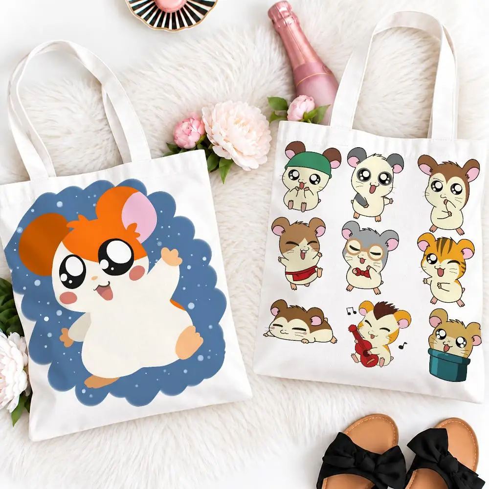 Cute Character H-HamtaroS Storage Bags Eco Canvas Tote Odorless Reusable Double Print Shopping Bag