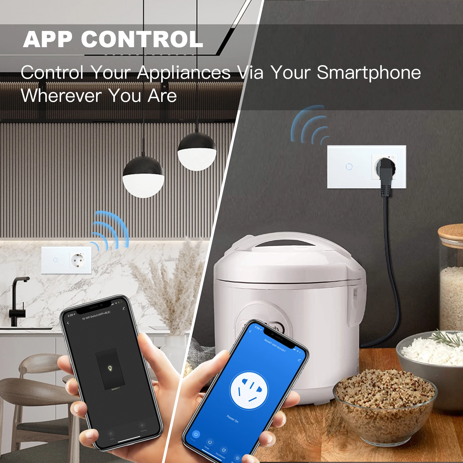 WIFI Touch Light Switch 1/2/3Gang 1/2/3way Smart Wall Socket Google Alexa Smart Life APP Touch Screen Switch EU Socket White