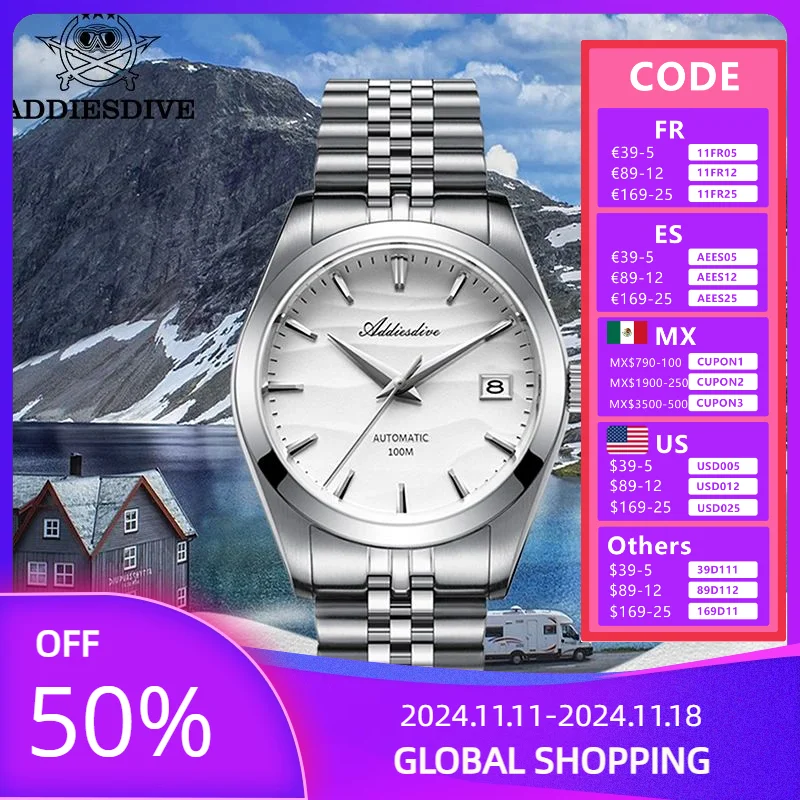 

ADDIESDIVE Watches Luxury Men Sapphire Glass Desert Texture Dial Automatic Mechanical Watch Date Display 100m Dive Analog Watch