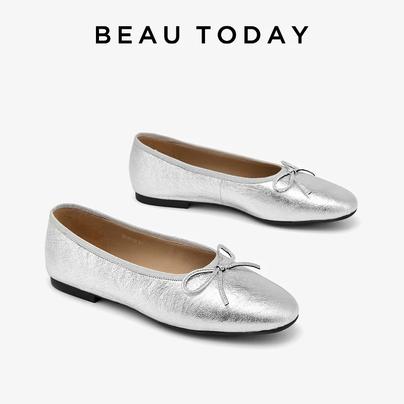 BEAUTODAY Silver Flats Women Genuine Cow Leather Bowknot Decoration Slip-on Graceful Ladies Party Shoes Handmade 22141