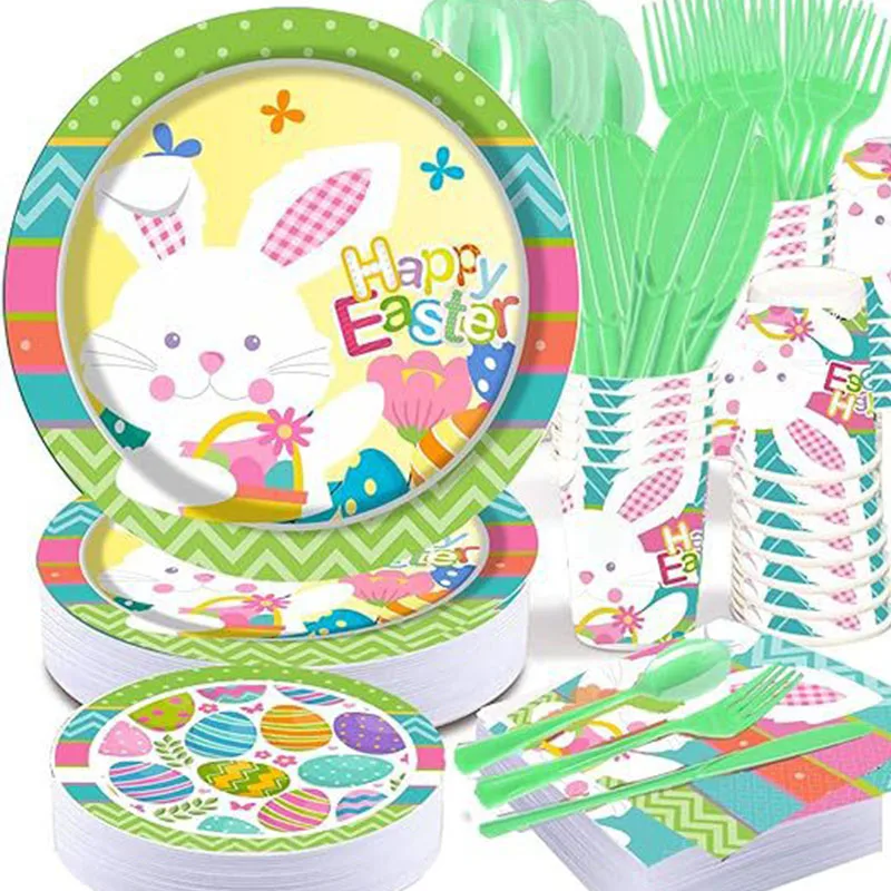 

Happy Easter Disposable Tableware Set Bunny Rabbit Egg Paper Plates Cups Napkins Home Decor Easter Party Decoration Supply