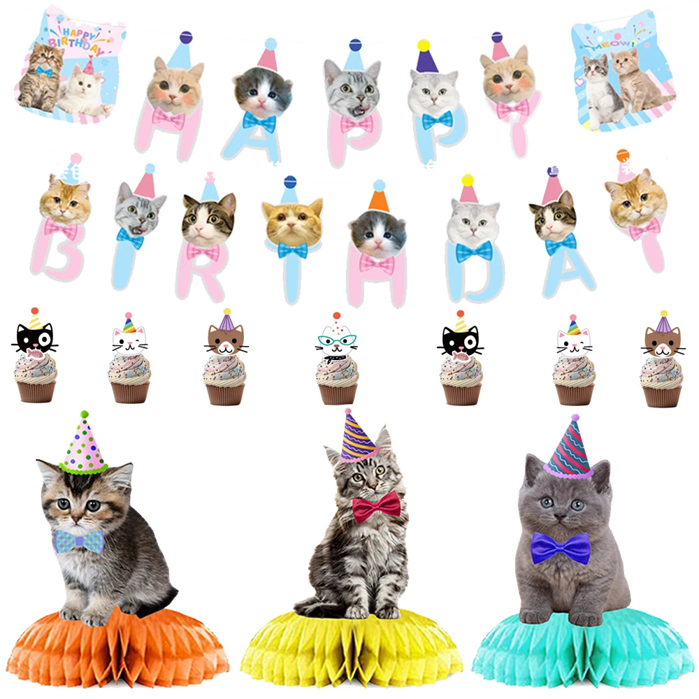 Cat Theme Birthday Party Decorations Cat Honeycomb Centerpieces Cat Happy Birthday Banner Cake Topper Kids Cat Party Supplies