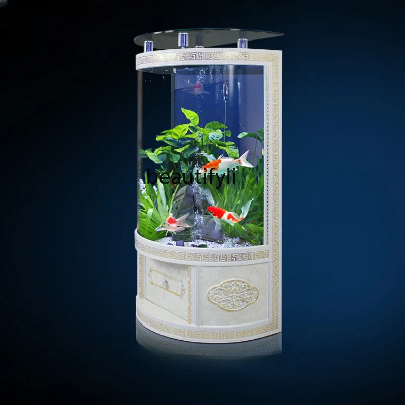 

European Fish Tank Living Room Floor Semicircle Wall Home Ecological Glass Aquarium One-Click Drainage