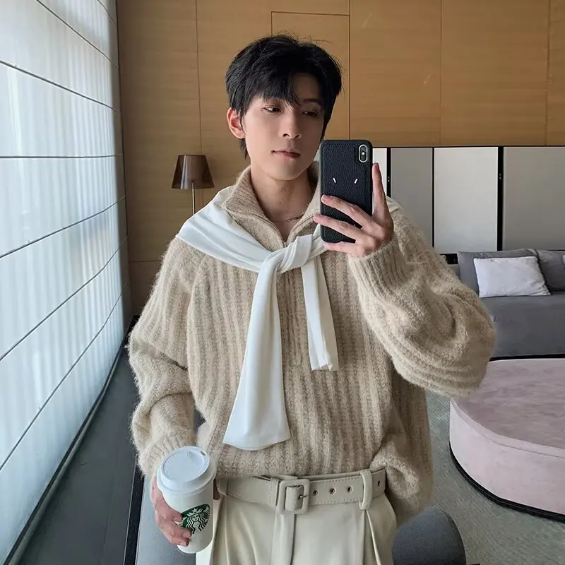 

Мужской цветной вязаный свитер в стиле ретро с высоким воротником на молнии, теплый базовый слой, модный брендовый топ, осень-зима, модная повседневная одежда