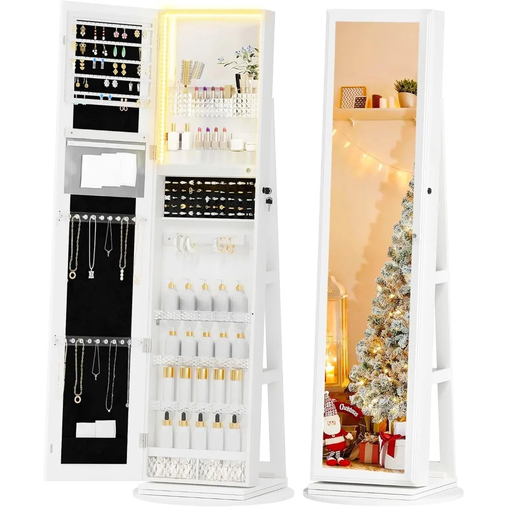 Mirror Jewelry Cabinet Standing, 360° Swivel Jewelry Armoire with 3 Color LED Lights, Lockable Jewelry Organizer