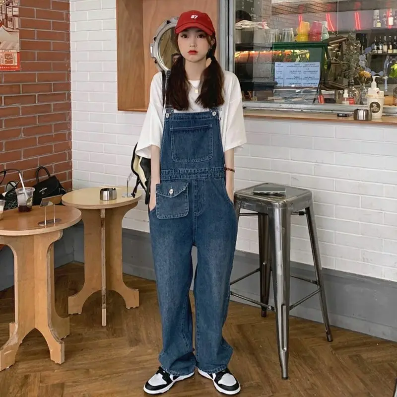 Spring and Autumn New Women's Denim Strap Pants Loose Commuter Leisure Retro High Waist Workwear Pants