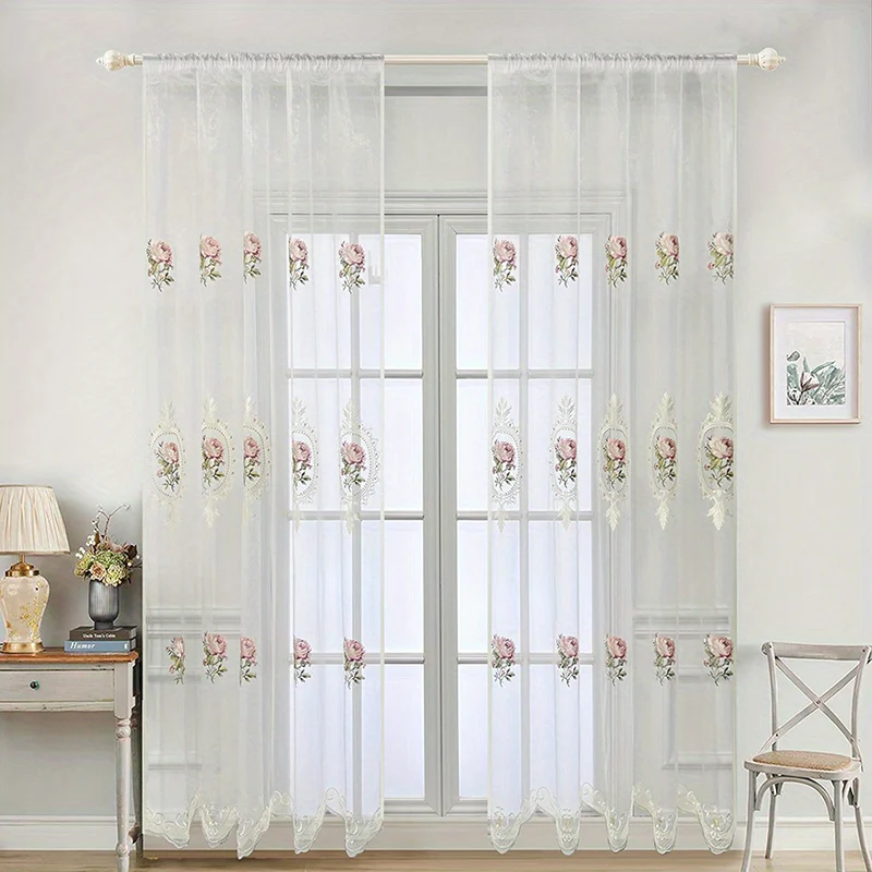 European Elegant Peony Exquisite Embroidery Tulle Curtain White Transparent Window Screen Rod Pocket For Living Room Bedroom