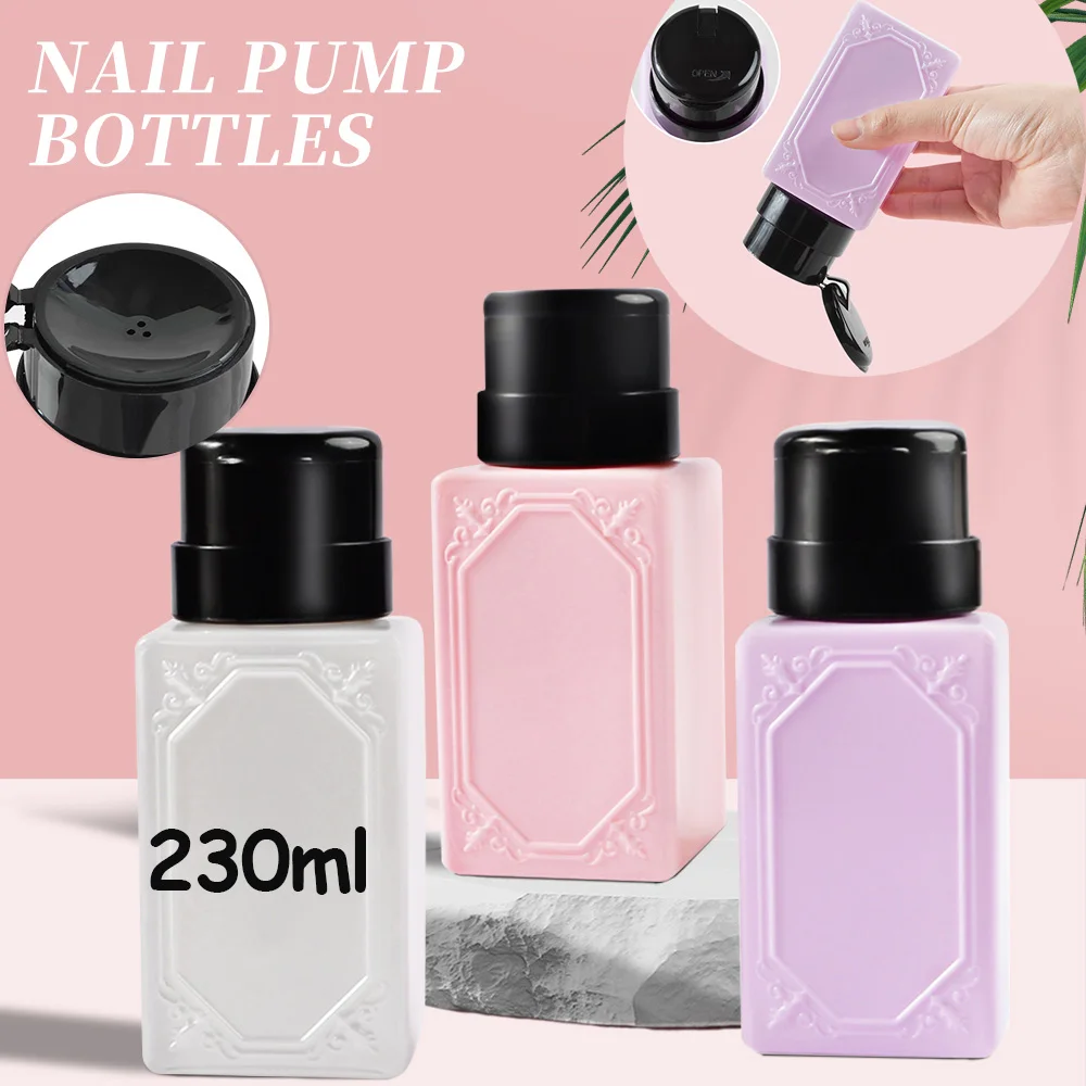 ﻿﻿200/230ml Empty Press Pump Dispenser Portable Liquid Polish  Remover Cleaner Bottle 3 Colors Refillable Push Down Pump Bottles