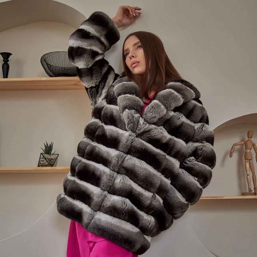 

Winter Warm Chinchilla Rex Rabbit Fur Coat Women Rex Rabbit Fur Coats With Turndown Collar New Arrival Fur Jackets