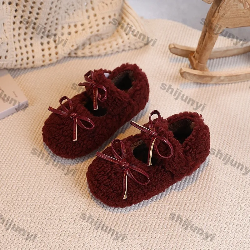 2026 Autumn Winter Korean Fur Cover Toe Children's Casual Shoes Bow Plush Flat Plush Shoes for Girls Non-slip Cotton Shoes