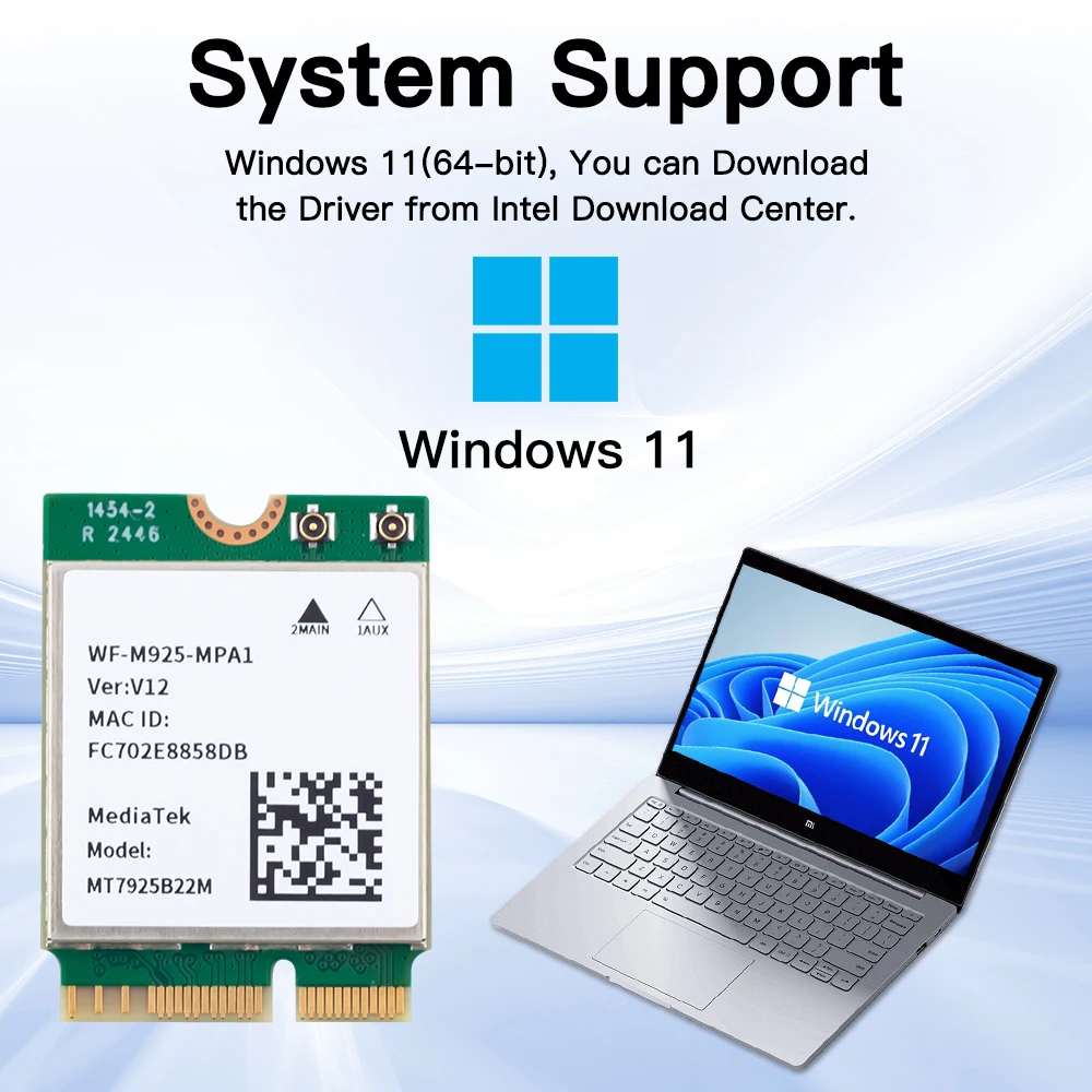 ワイヤレスwifiカード,Windows 11,mt7925,bt5.3,802.11ax,m.2キー,5400mbps,ngffイーサネットアダプター,2.4g,5g,6ghz