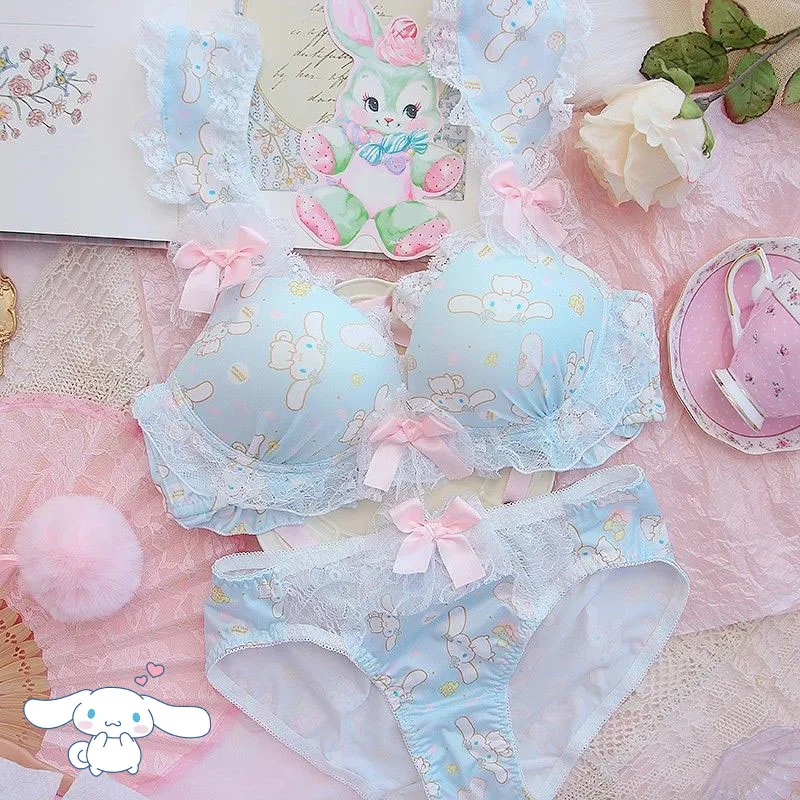 

Kawaii Cinnamoroll Women Bra Panties Set Cartoon Sanrios Girl's Wireless Lace Bra Underwear Female Breathable Gathered Bra Gift
