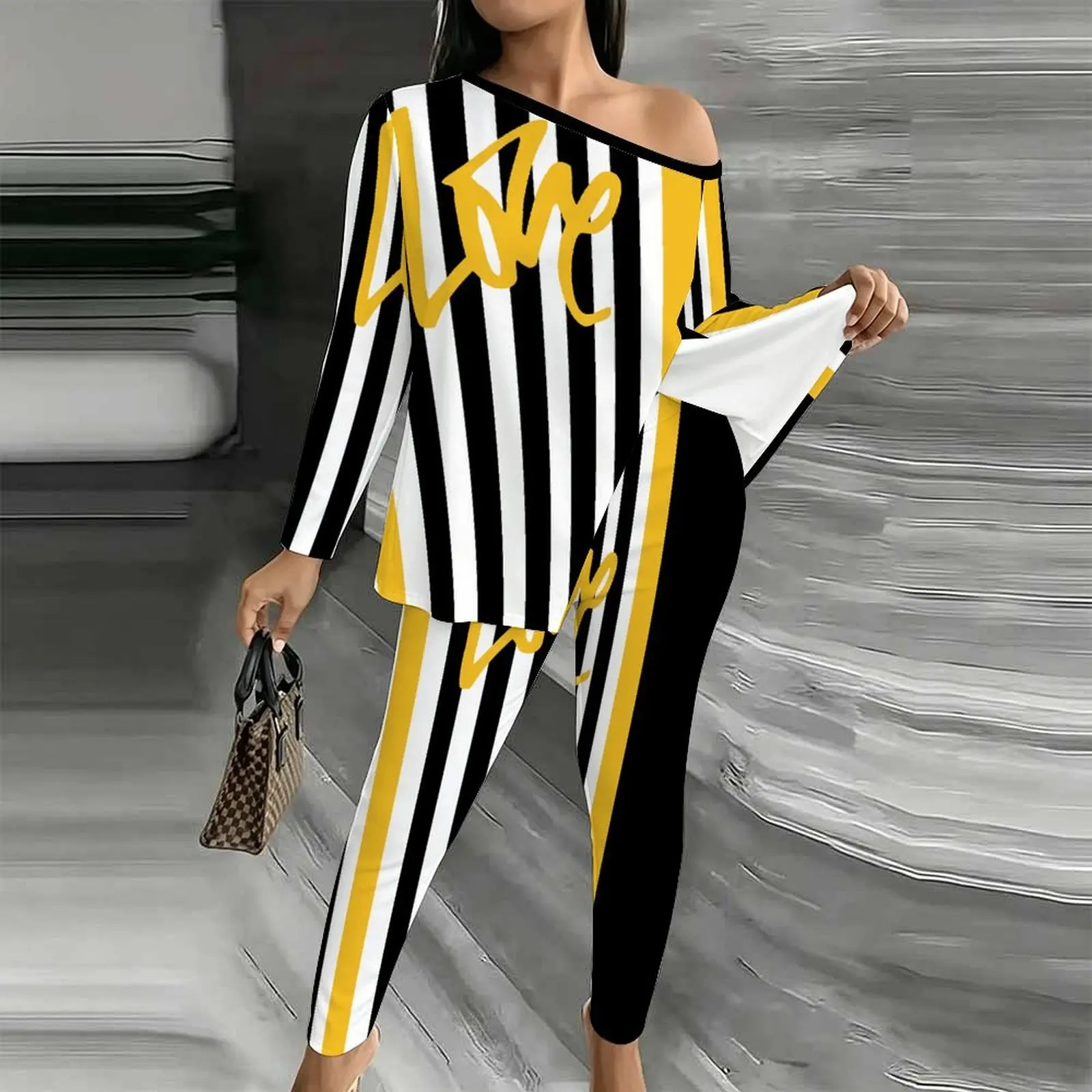 Autumn Elegant Two-piece Set Fashion Printed Jogging Pants  Winter Women's Diagonal Collar Long Sleeved Off Shoulder T-shirt