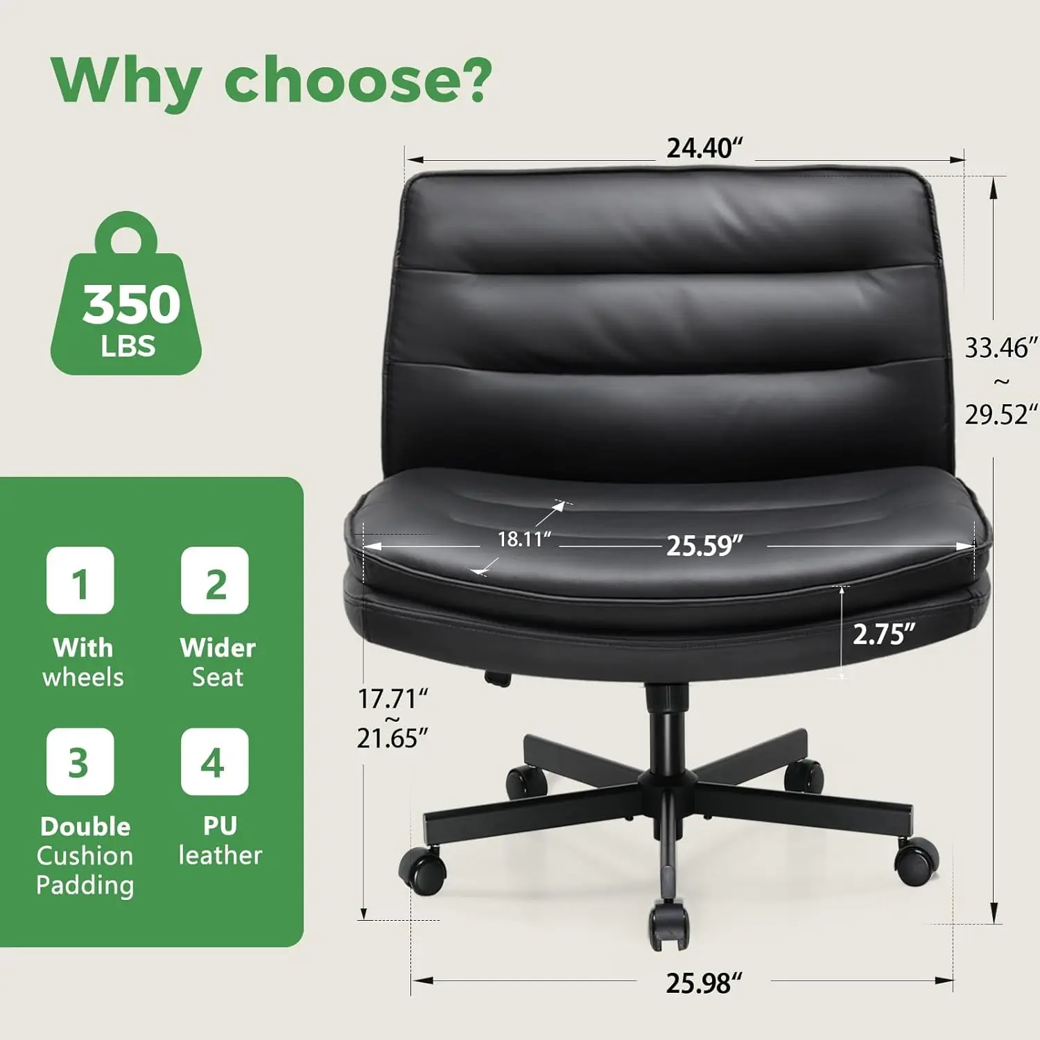 

Criss Cross Chair with Wheels, Extra Wide Armless Comfy Desk Chair for Home Office Bed Room, 2 Layer Cushion Large Seat