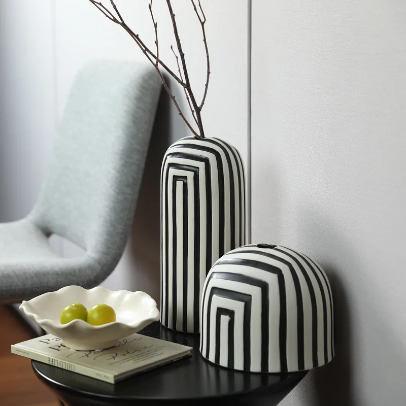 Geometry Black and White Striped Ceramic Vases, Ceramic Jars, Dining Table Flower Arrangement Containers, Home Decoration