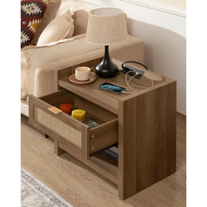 

Night Stand Set of 2 Nightstands - Rattan Bed Side Table with Drawer Storage,Type-C Charging Station End Table