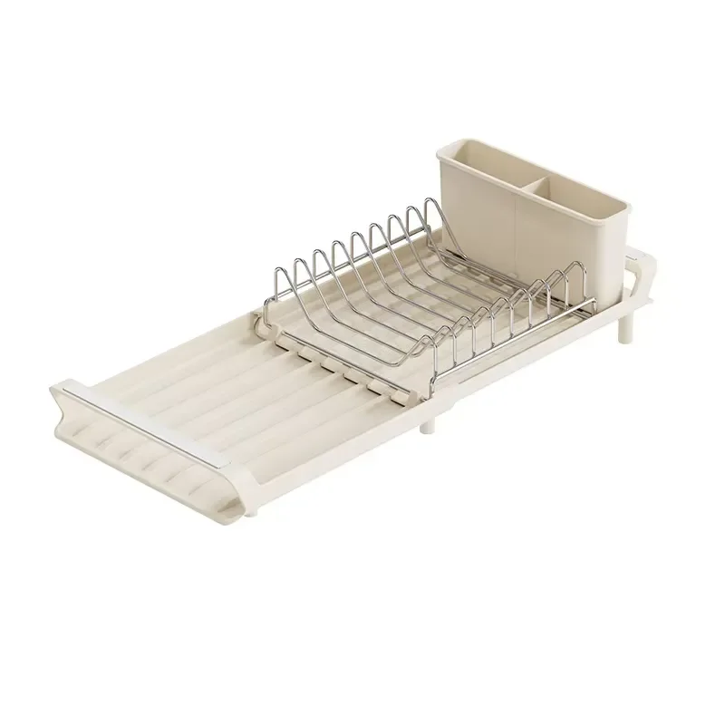 Modern Retractable Long Sink Top Dish Rack Foldable Single Layer PP and Wire with Cutlery Rack