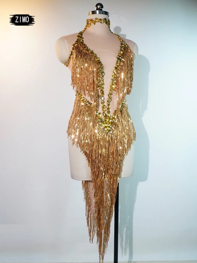 Robe latine Sexy à paillettes et cristaux dorés, avec franges en maille, pour spectacle de danse sur poteau, discothèque, anniversaire, tenues d'équipe pour femmes