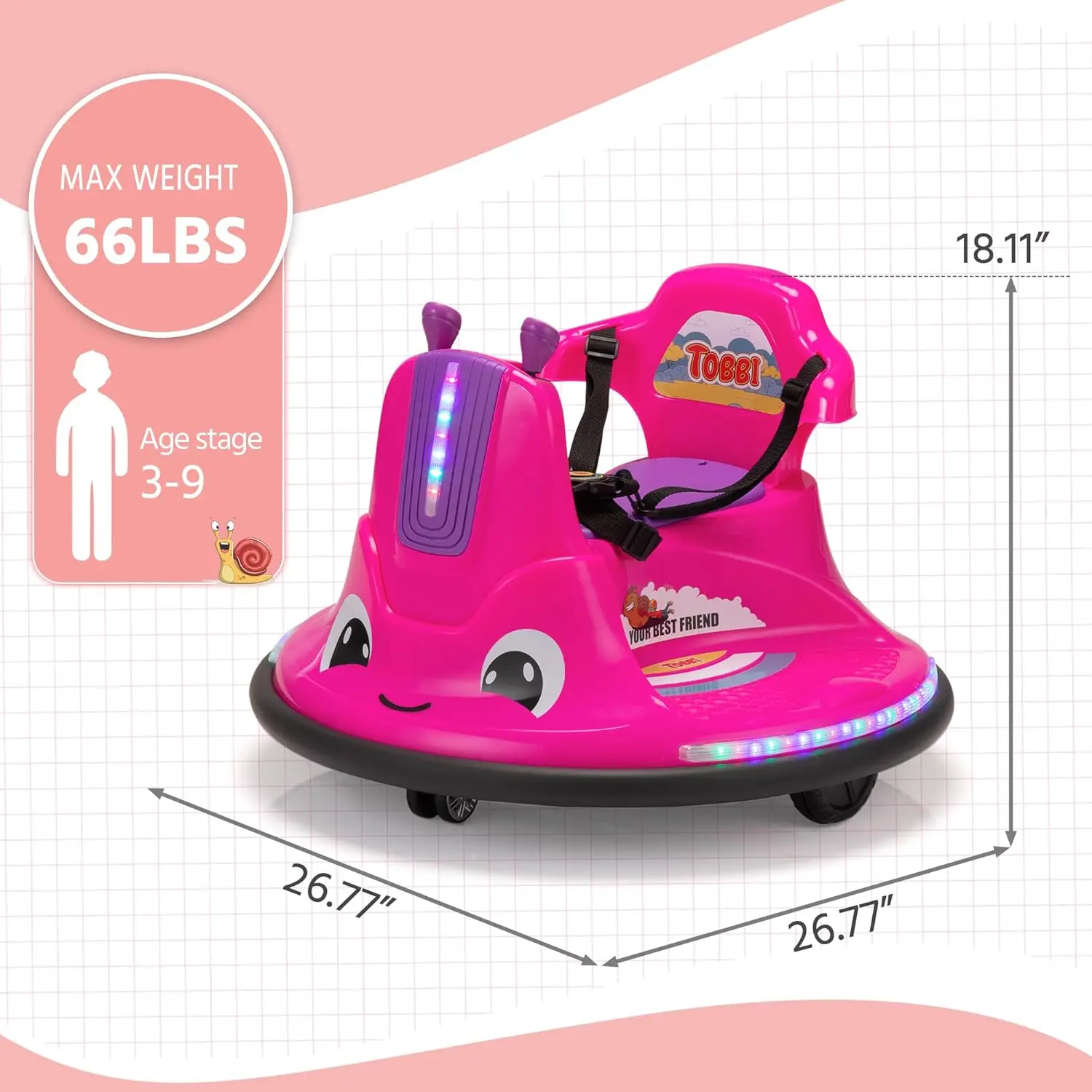 Toddlers Electric Ride-On Caracol Shape Bumper Car com controle remoto, brinquedo do bebê, adesivos engraçados DIY para crianças, rotação de 360 graus, 12V